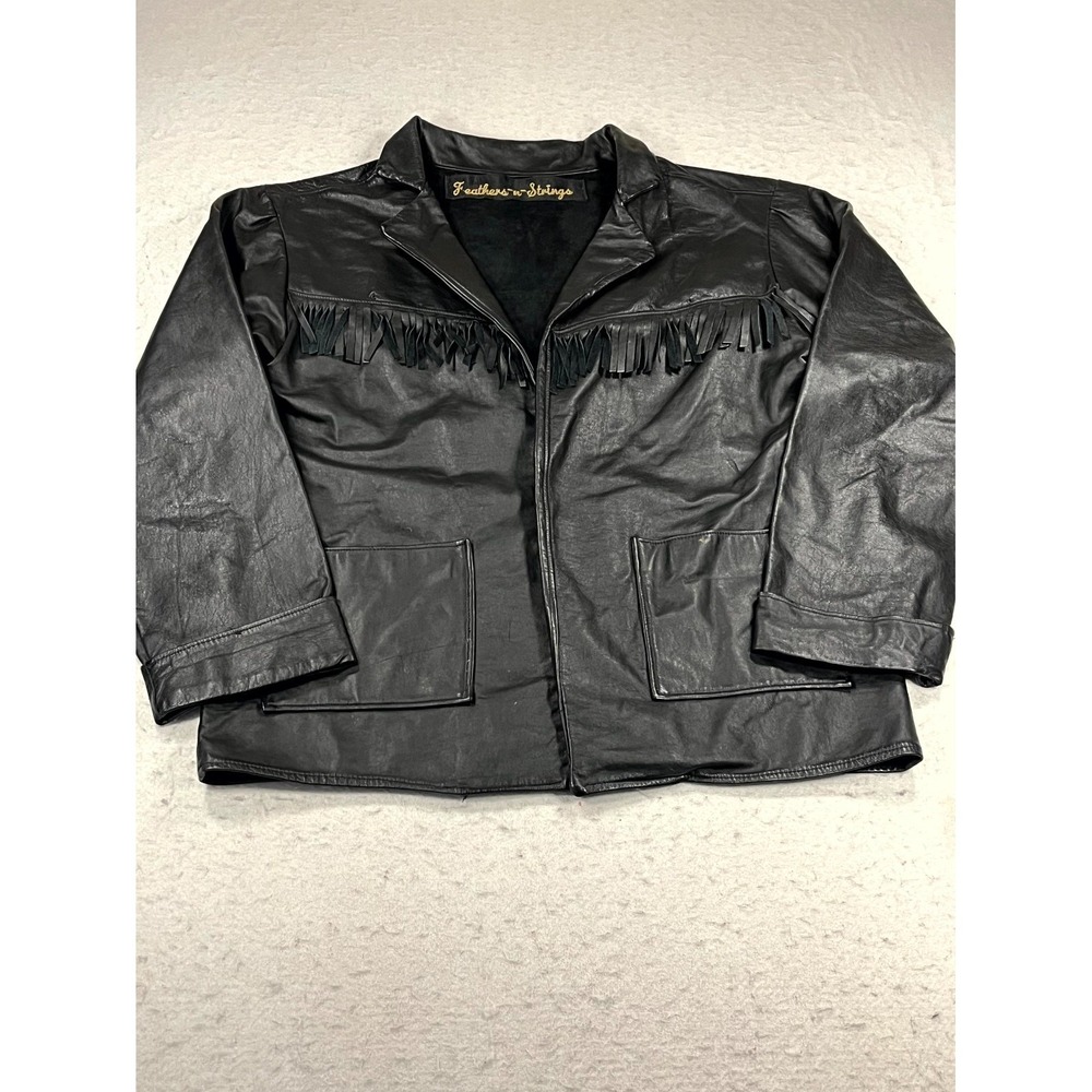 Vintage‎ Feathers n Strings Leather Fringe Western Jacket Womens Medium Black